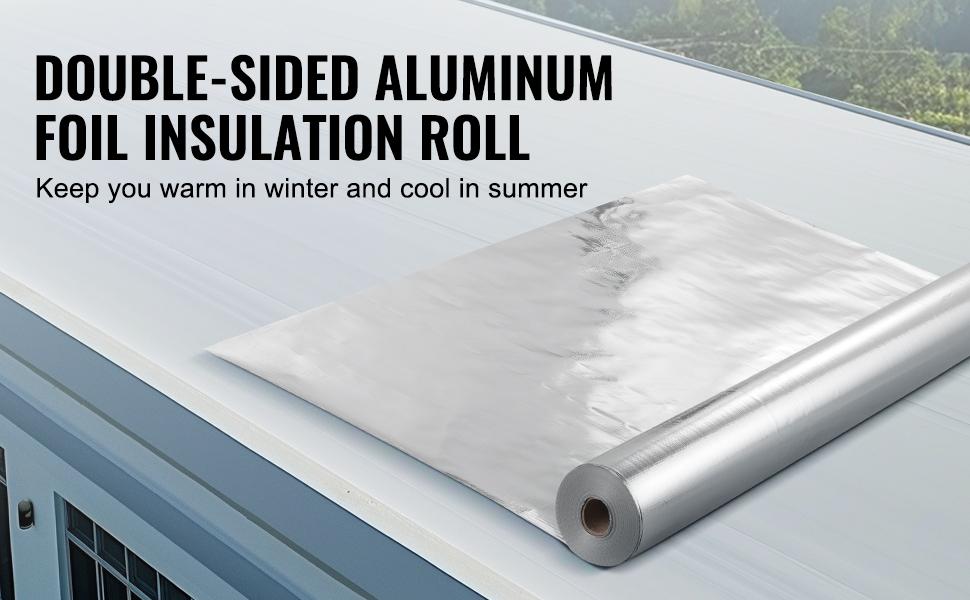 VEVOR Double Reflective Insulation Roll, Woven Fabric Radiant Barrier, 6.5 Mil 48 inx 250 ft, Aluminum Foil PE Woven Cloth Heat Reflective Shield, Thermal Insulation Roll for Window RV Roof