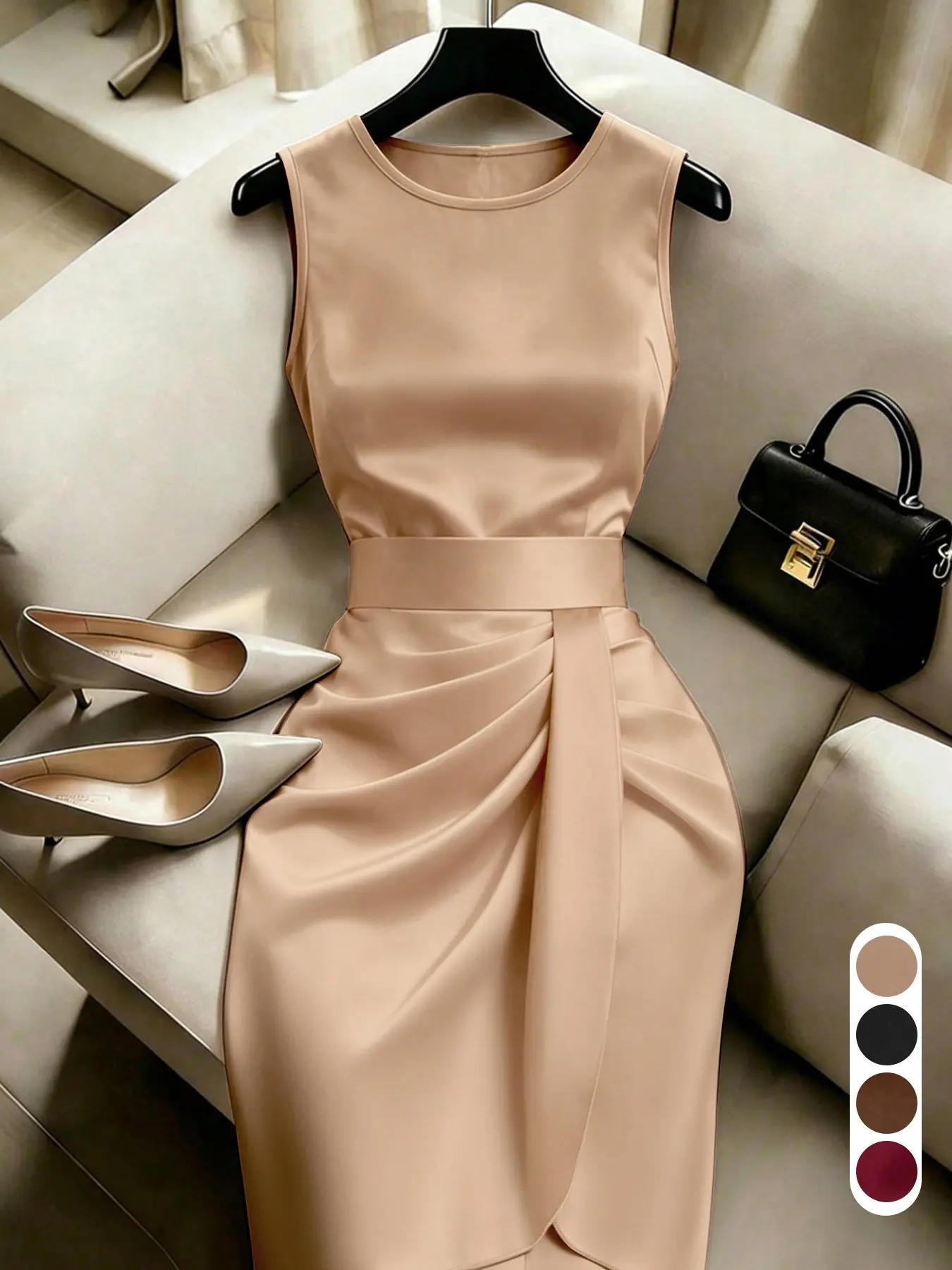 Women Glossy Midi Dress Sleeveless Round Neck Side Ruched Tummy Cover Front Drape Sash Asymmetrical Split Hem Elegant Wedding Guest Cocktail Party Bodycon Dress more Colors