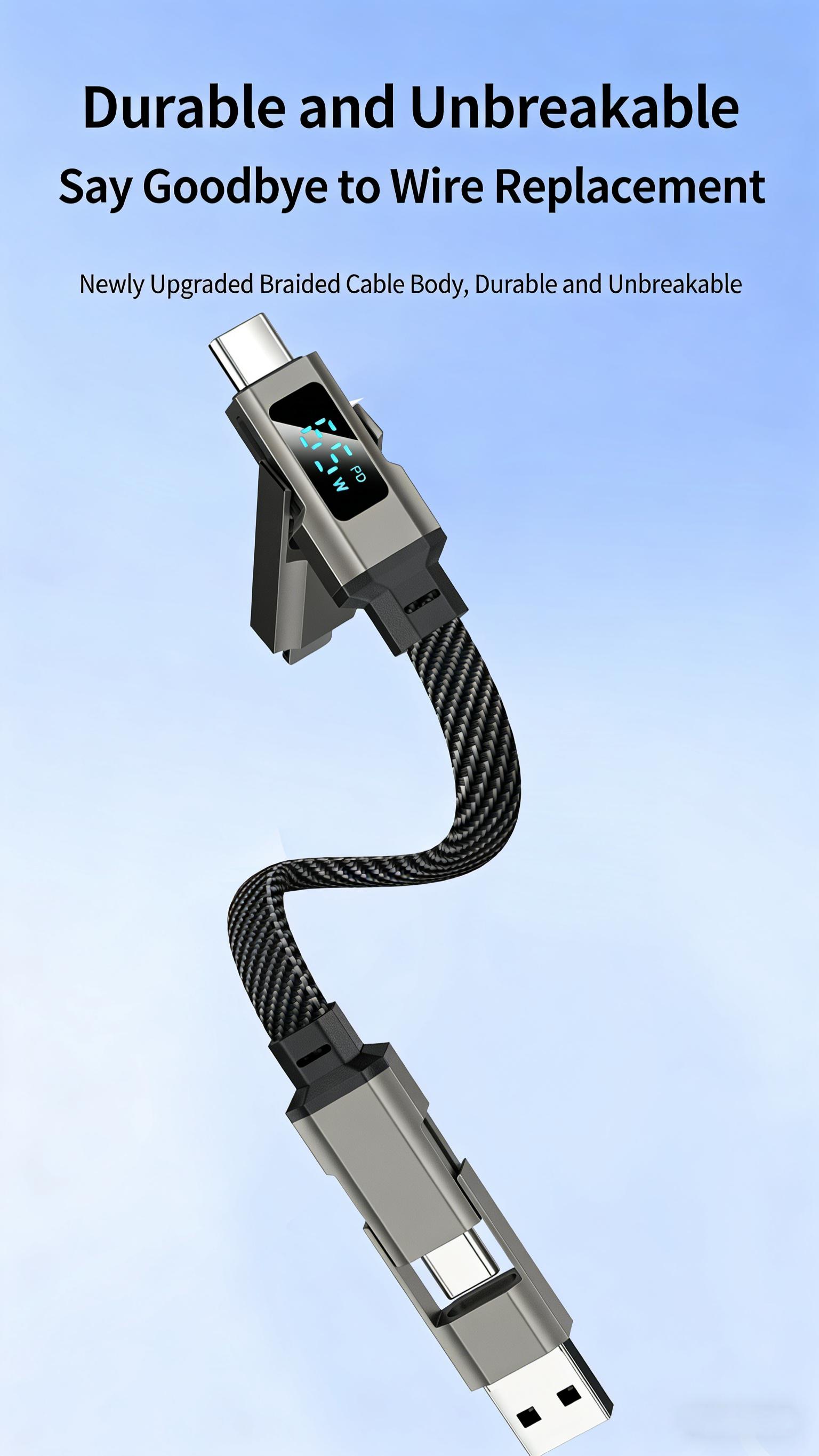 4 in 1 Short Type C Keychain Lanyard Data Cables with LED Display,Braided PD Fast Charging Cord