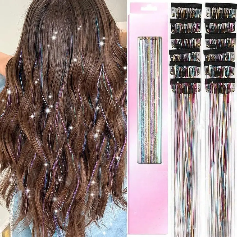 Women's 12-Pcs Holographic Gold Tinsel Clip-In Hair Extensions - Seamless Streaks, Glitter Highlights, Shimmering Color Pieces for Festival, Party Use (Bag Charm Accessory), Party Wear
