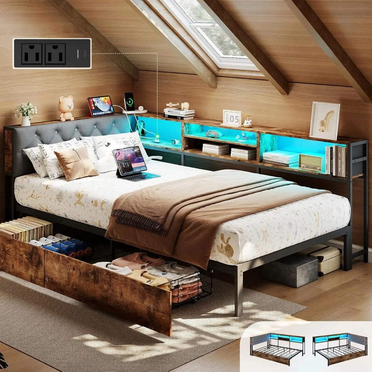 Twin Size Corner Bed Frame with Storage Bookcase Headboard, Metal Platform Bed with LED Lights & Charging Station, Modern Daybed with 2 Storage Drawers for Kids Teens, Vintage Brown