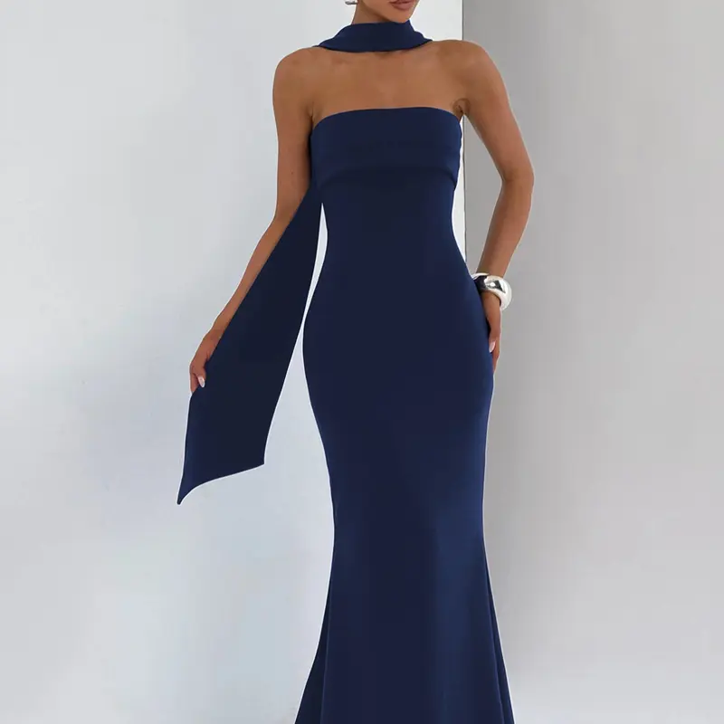 Women's Black Tie-neck Dress, Elegant Solid Ruched Sleeveless Strapless Backless Tube Dress & Halter Neck Scarf Ribbon Two-piece Set, Plain Back Zipper Maxi Dresses, Sexy Cocktail Party Date Bodycon Evening Gown Wedding Guest Mermaid Dress