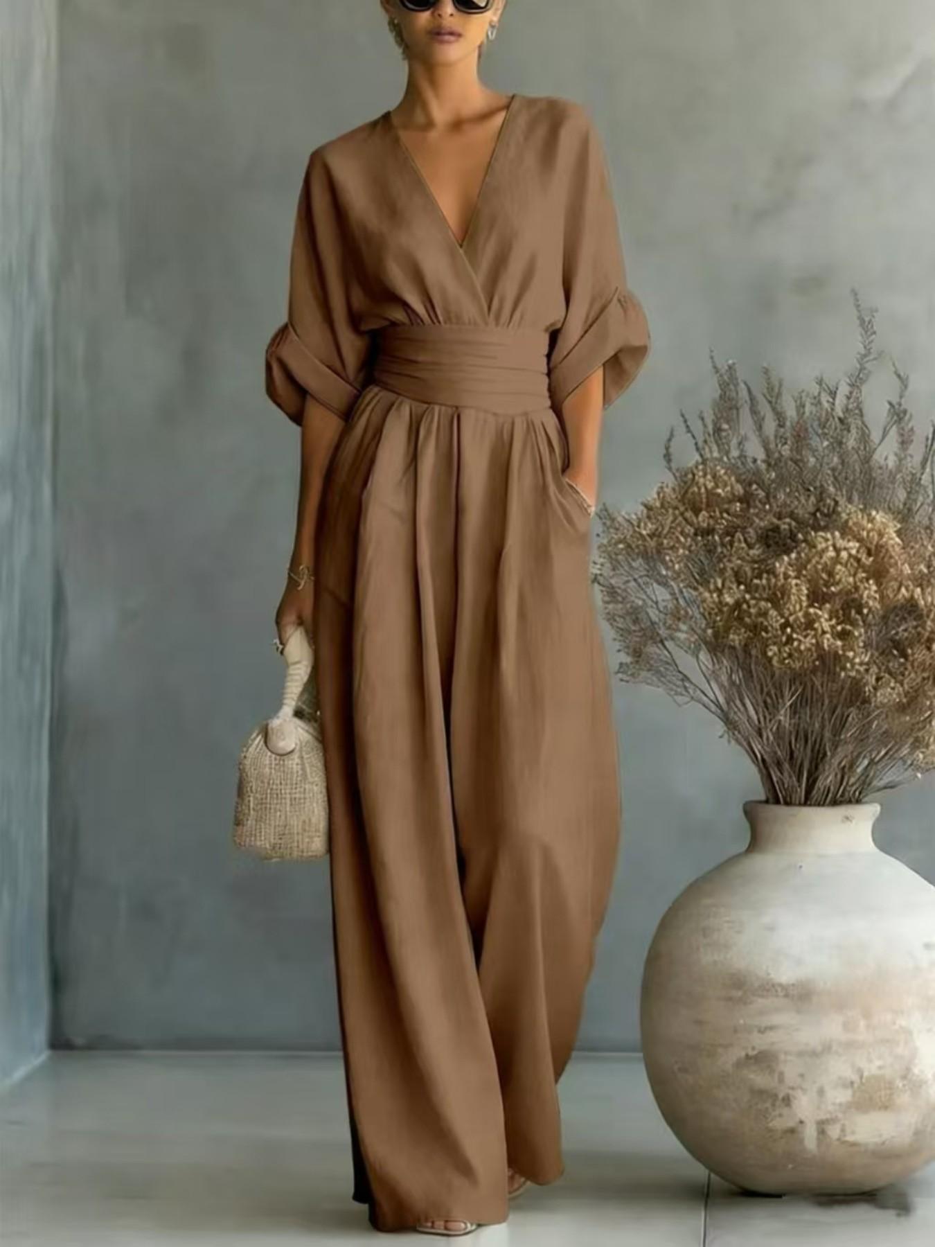 2026 Spring Summer Women's Jumpsuit, Elegant V Neck Batwing Waist Slim Fit, Minimalist Casual Breathable Lightweight Solid Color Fashion Romper, Ladies One Piece Pants