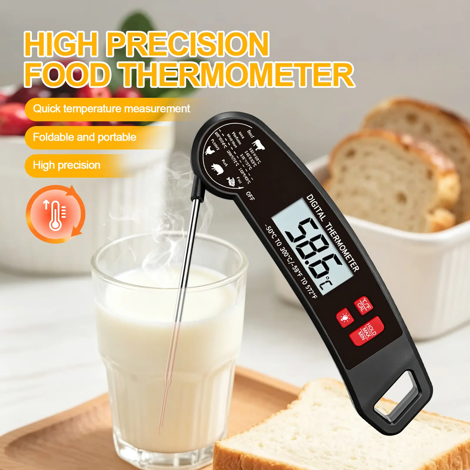 Digital Food Thermometer, 3s Instant Read Meat Thermometer Foldable Probe Backlight Cooking Thermometer