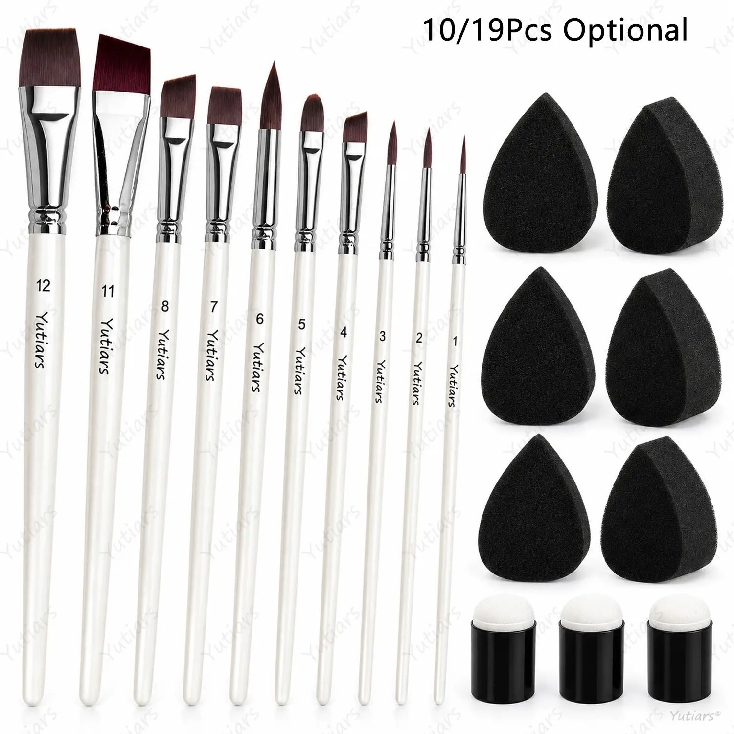 10/19pcs Face Painting Brush Set, 10 Brushes Only or Kit with 6 Sponges and 3 Finger Daubers for Body Art, Stenciling and DIY Crafts