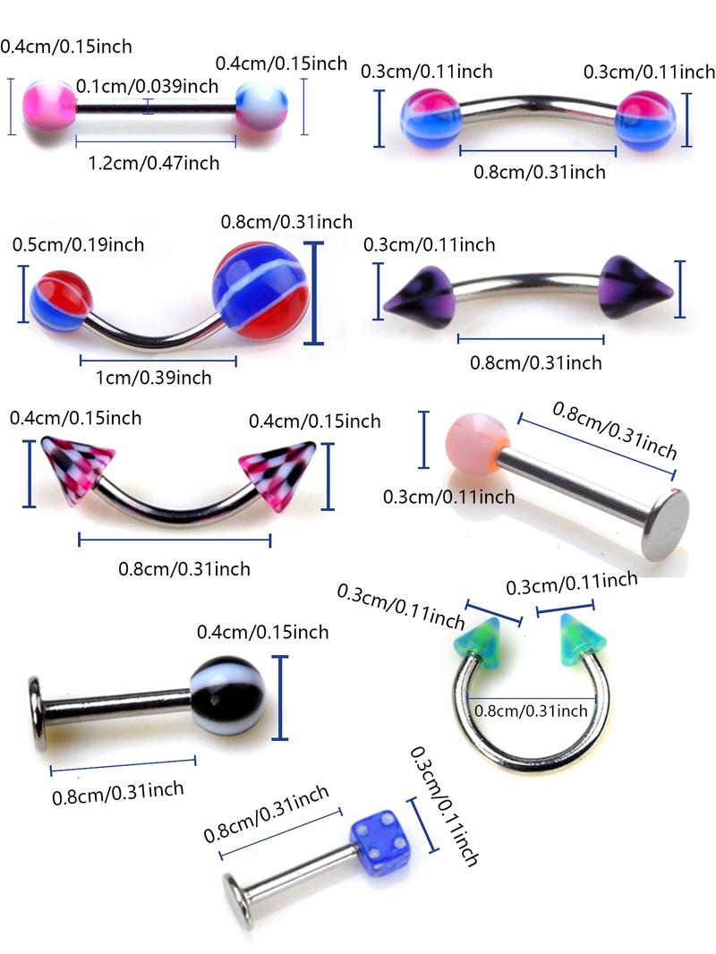 100pcs Stainless Steel Body Jewelry Set, Belly Rings Tongue Piercings Eyebrow Nose Lip Studs, 20 Models, Casual Colorblock Style, Nose Piercings Kit