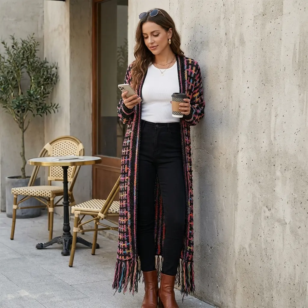Women's Oversized Boho Multicolor Plaid Open-Front Long Sleeve Acrylic Blend Scoop Neck Knit Maxi Cardigan - Fringe Hem Tassels, Loose Sweater Coat, Machine Washable for Fall Winter Street Outfits