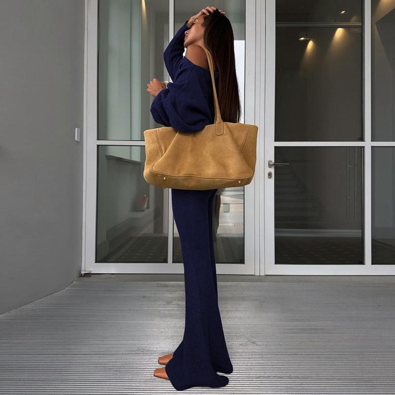 Women's Solid Asymmetrical Neck Top & Flare Leg Pants Set, Casual Drop Shoulder Long Sleeve Top & Trousers, Women's Fall & Winter Clothes for Everyday Wear, Casual Loungewear Set