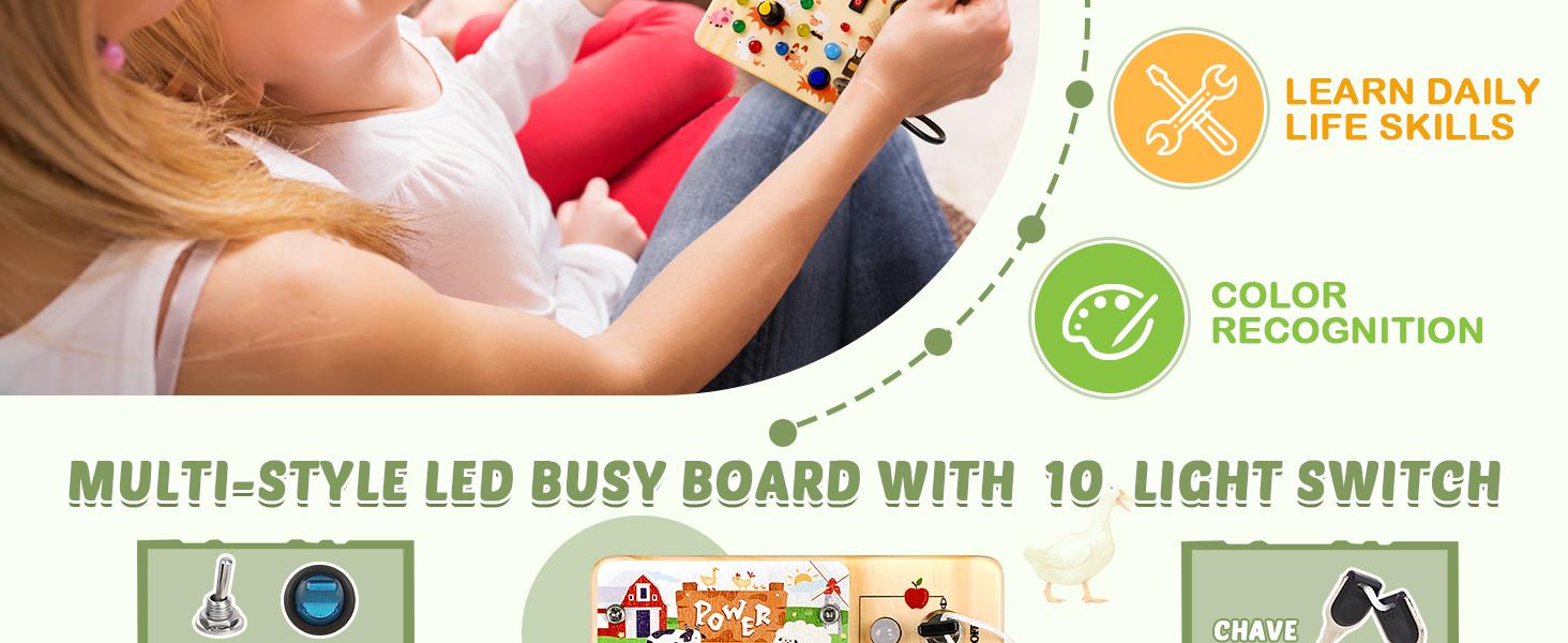 Joyreal Montessori Sensory Toys, Square-Shaped Wooden Busy Board with LED Light Up Switches,  Portable Learning Kids Toys,Christmas Gifts Ideas