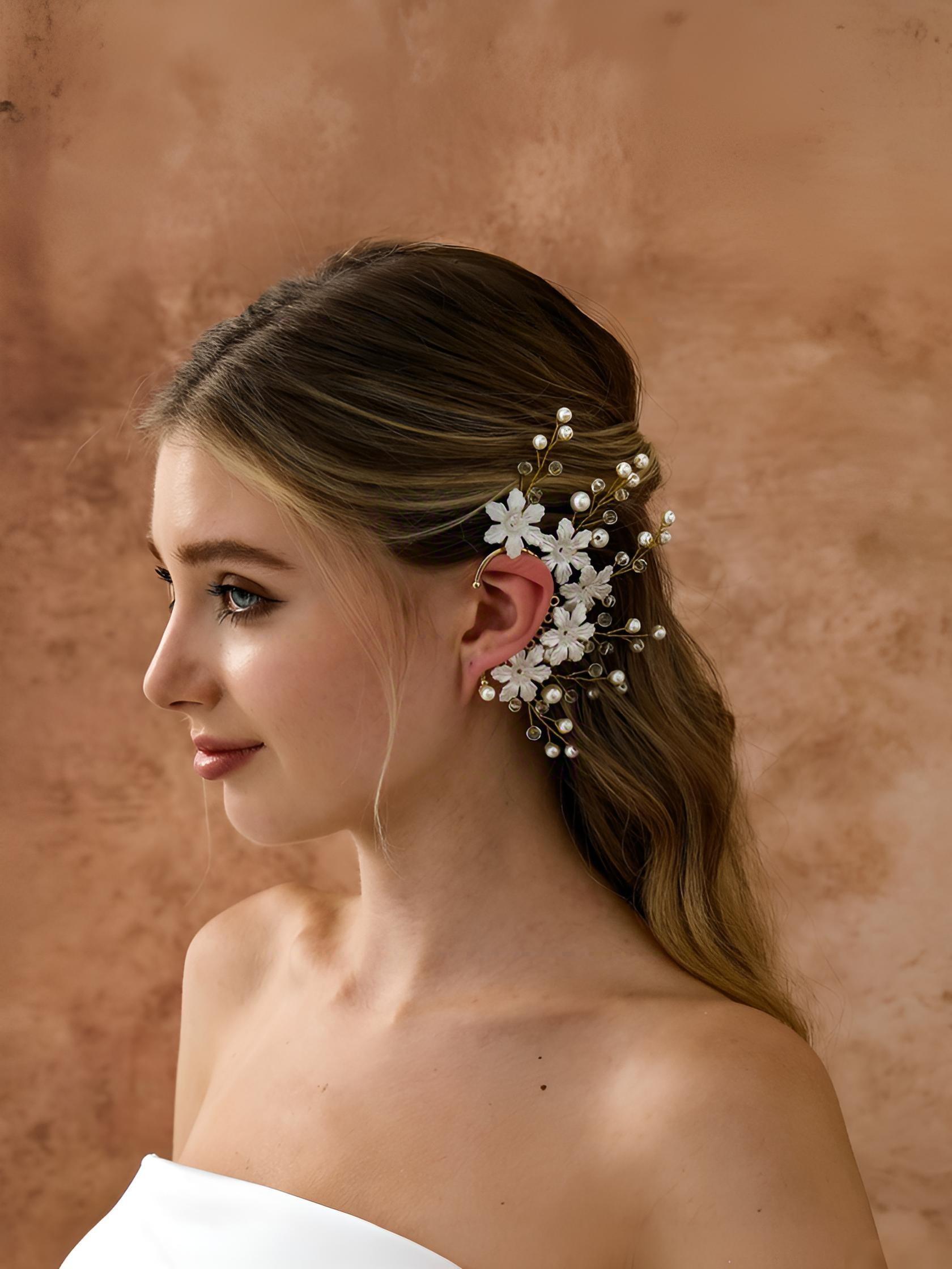 Elegant Flower Pearl Crystal Ear Clips, Handmade No-Piercing Earrings, Bridal Wedding Hair Accessories, Party Gifts