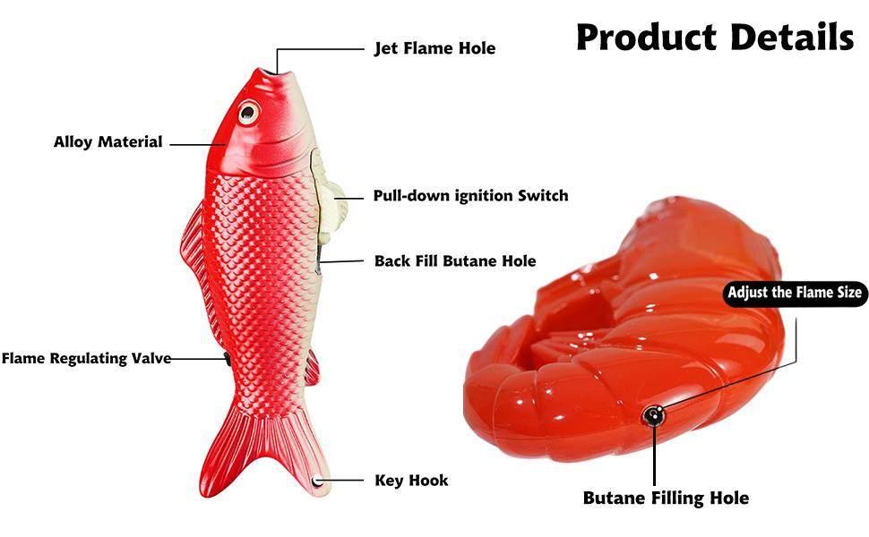 Cool No Gas Lighters, Windproof Lighters With Prawns-Shaped Design, Novelty Jet Flame Adjustable Flame Refillable Butane for Kitchen Outdoor Indoor (Without Butane Gas)