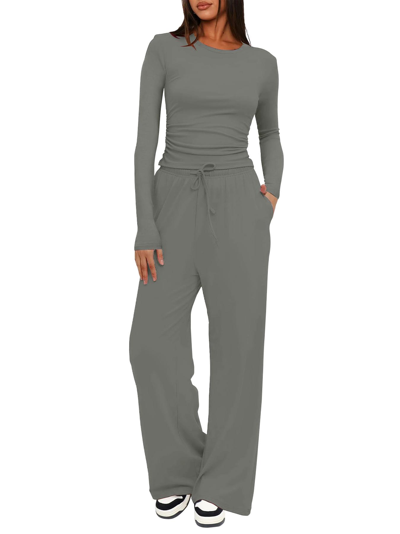 2026 Women's Solid Ruched Drawstring Loungewear Set, Casual Breathable Long Sleeve Round Neck Top & Pocket Wide Leg Trousers, Ladies Sleepwear for All Seasons Pajama Set