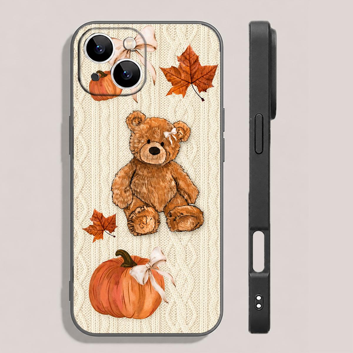Pumpkin Teddy Knit Phone Case, Autumn Cottagecore Maple Leaf Slim Bumper Cover for iPhone 17 16 15 14 13 12 11 X Plus Pro Max, Fall Birthday Gift