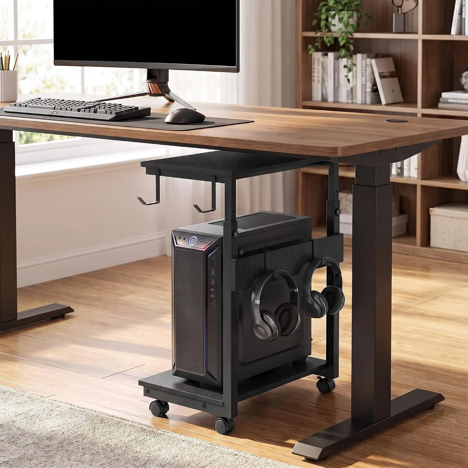 5-Level Height Adjustable Rolling PC Tower Stand with Locking Wheels, Adjustable Stand Utility Racks, Compact Under Desk Computer Holder (23.23"-33.46") for Office & Home Use