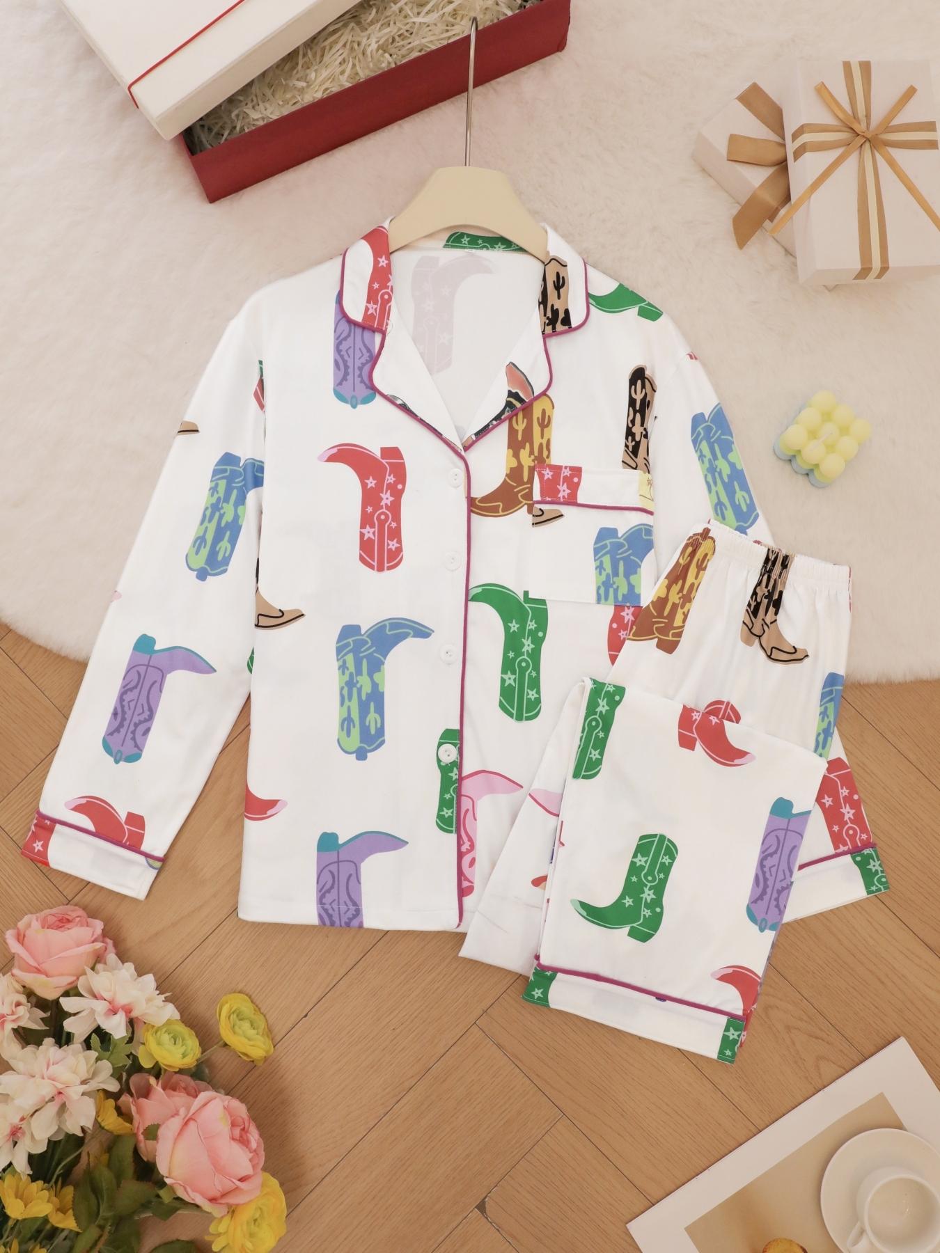 Women's Shoes Print Top & Pants Pyjama Set, Casual Comfy Long Sleeve Lapel Neck Top & Trousers Pyjama Set, Ladies Sleepwear for Spring & Fall, Casual Comfy Pajama