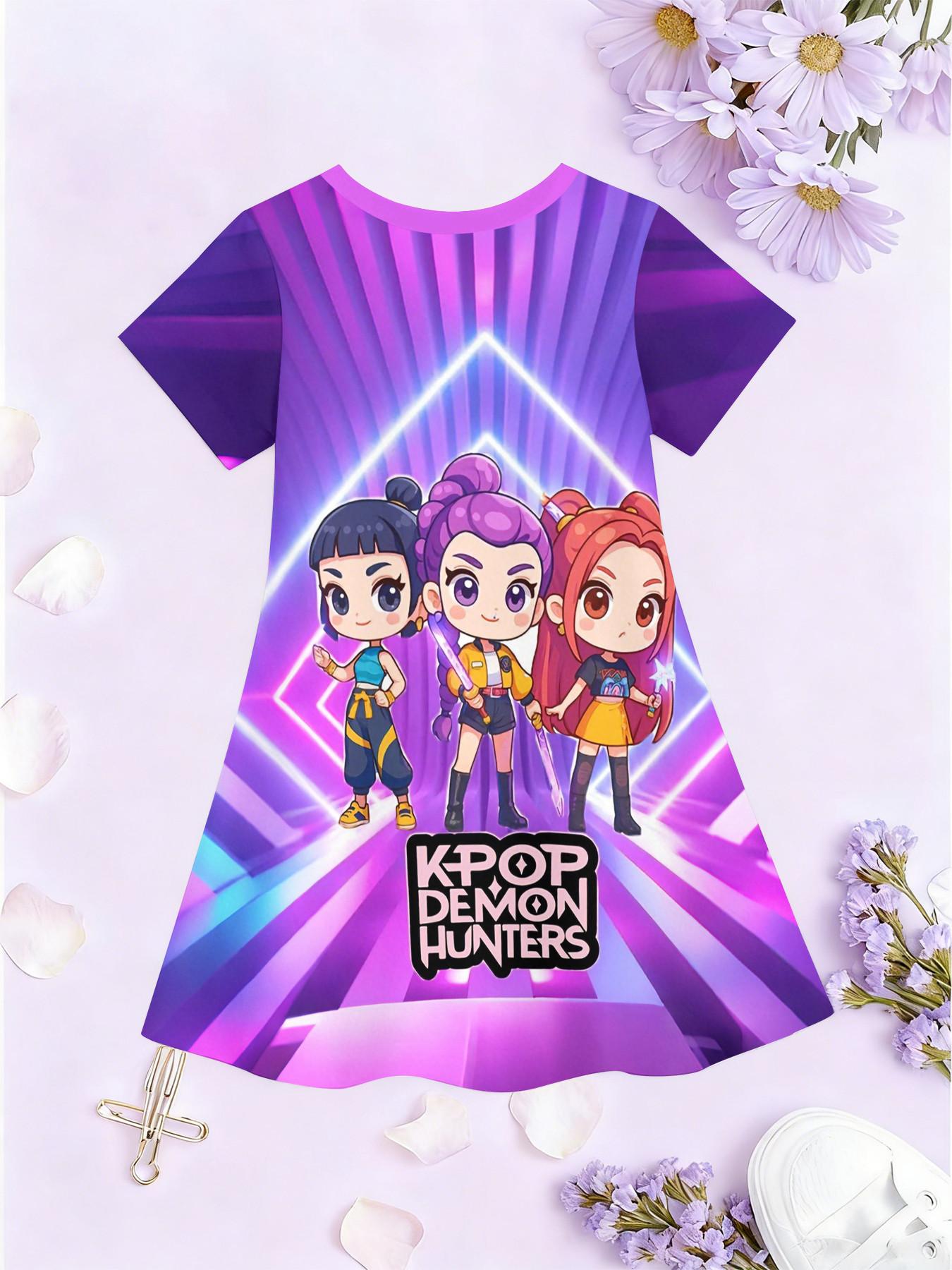 Girls' 3D Short Sleeve Dress, K-Pop Demon Hunters Full Print Summer Dress, Perfect for Parties, Festivals, Gifts, Birthday Presents