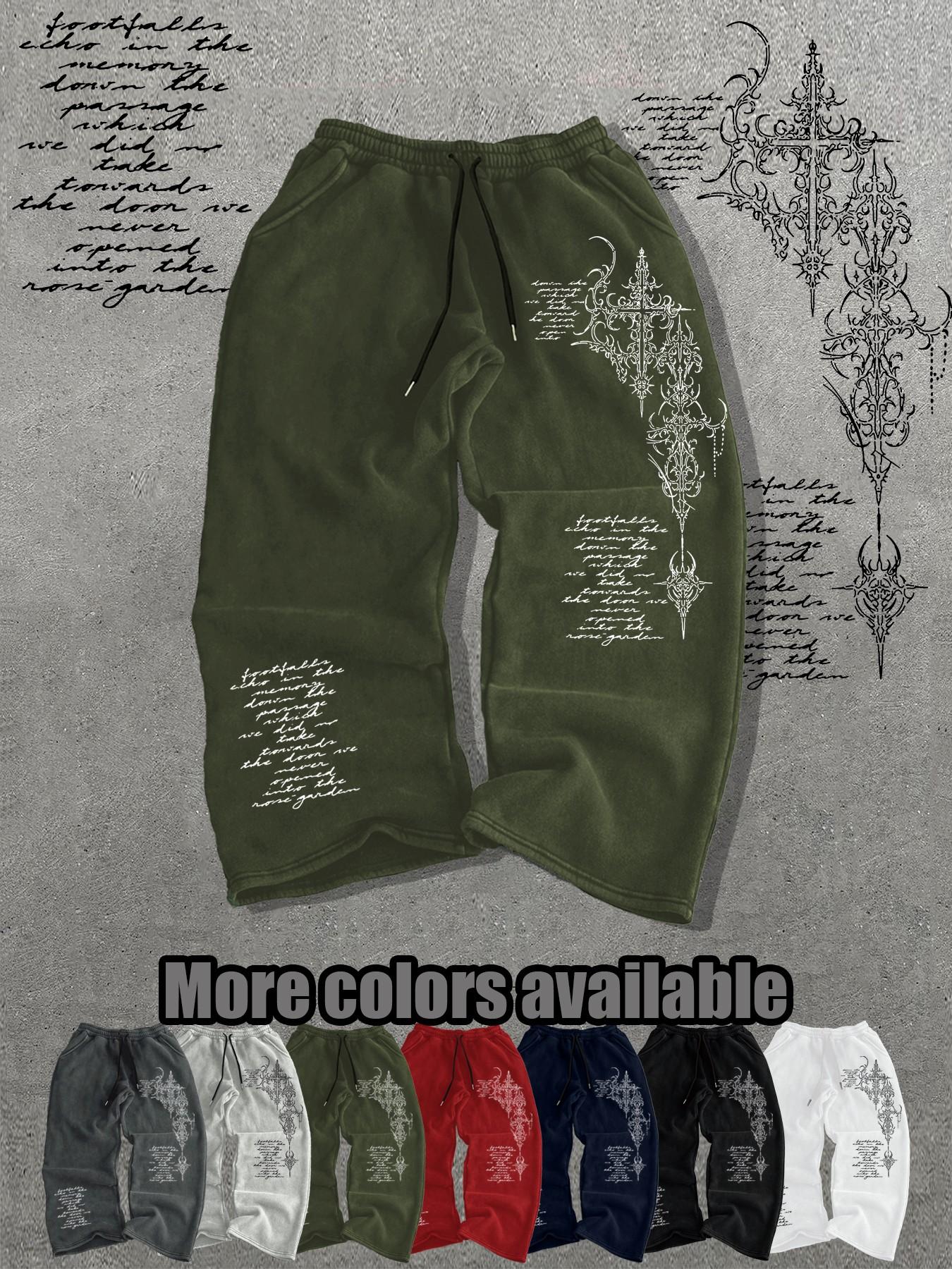 Men's Loose-Fit Graphic Pants, Drawstring Waist Long Pants, Streetwear Style, Casual Everyday Wear, Must-Have for Men's Closet