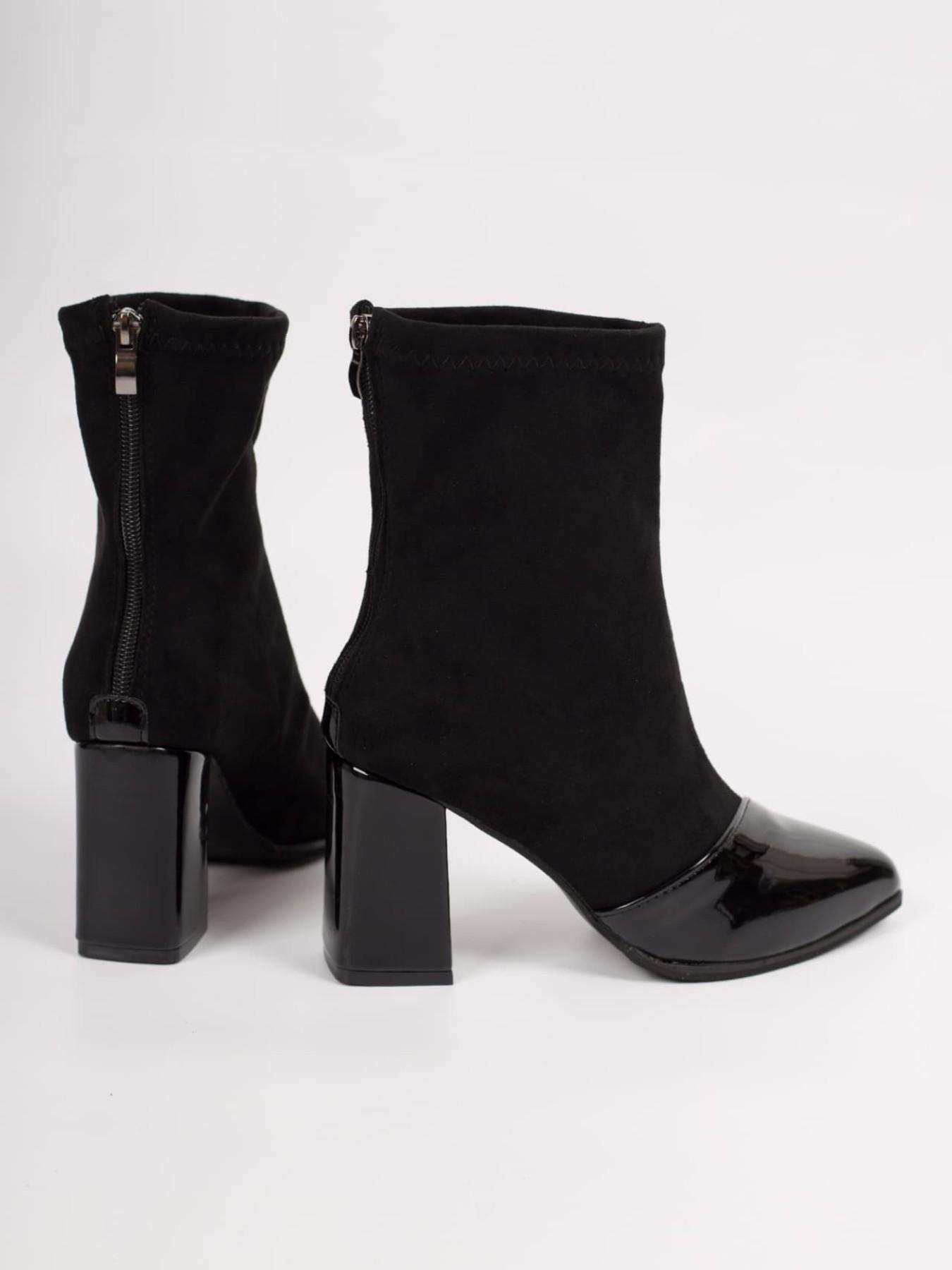Chunky Block Heel Mixed Material Ankle Boots For Women, Glossy Toe Splice Stretch Elastic Pointed Ankle Shoes With Back Zip Closure, Snug Fit Top Edge Party Footwear, Full Size Range For Date Night Evening Social Present Choice