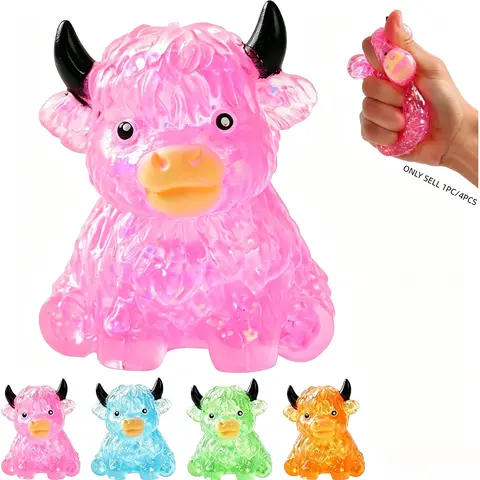 4/1Pcs Glittery Highland Cow Squishy Toy - Soft & Stretchy ASMR Fidget, Animal Fidgets, Sparkling Slow Rising Stress Relief, Cute Farm Animal Desk Decor, Kawaii Sensory Hand Therapy, Halloween & Birthday Party Favors for Kids Girls