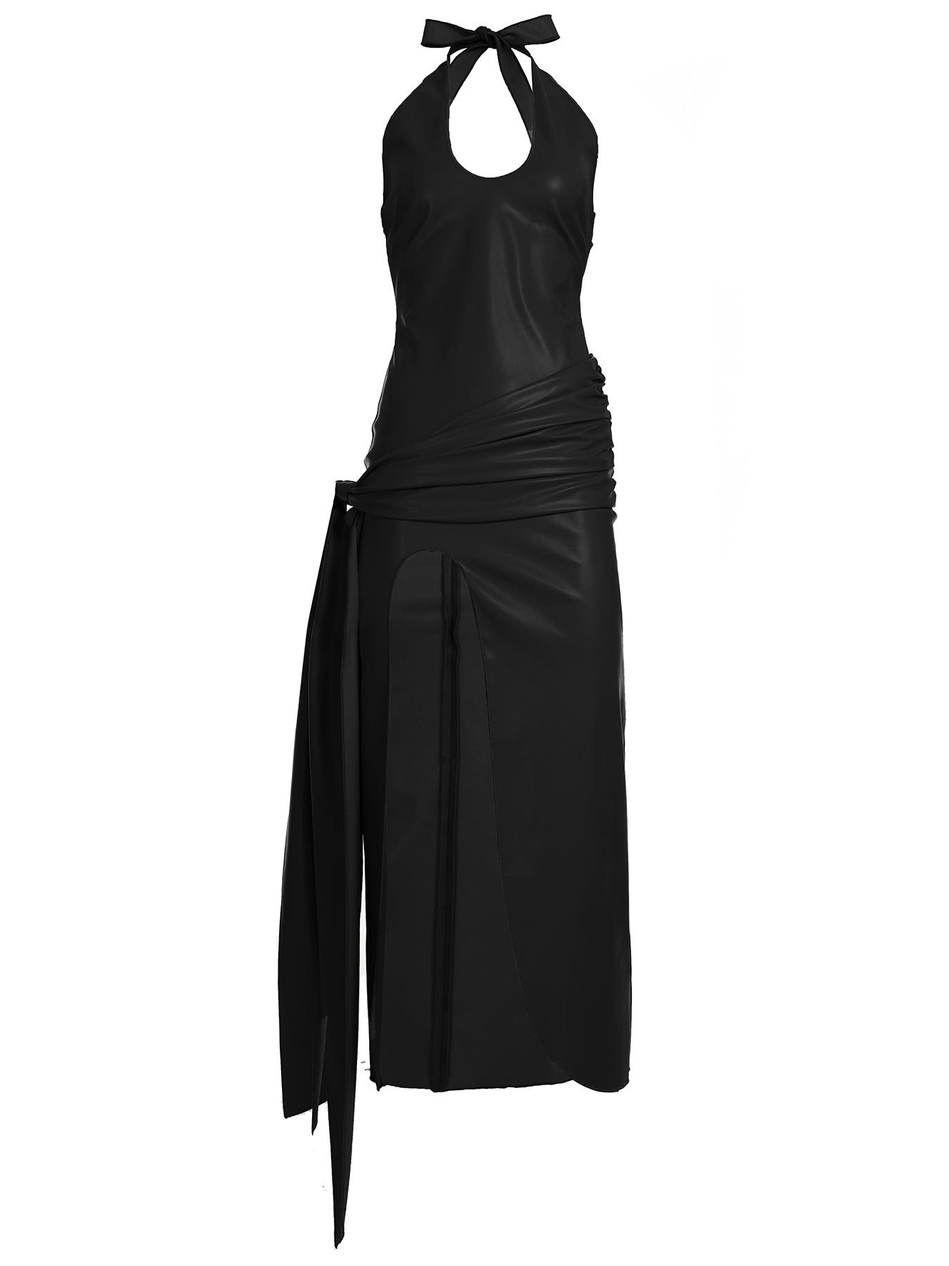 Leather Split Backless Solid Color Sexy Fashion Long Dress, Summer Slim-Fit PU Fabric, Moderate Thickening, Perfect for Night Out