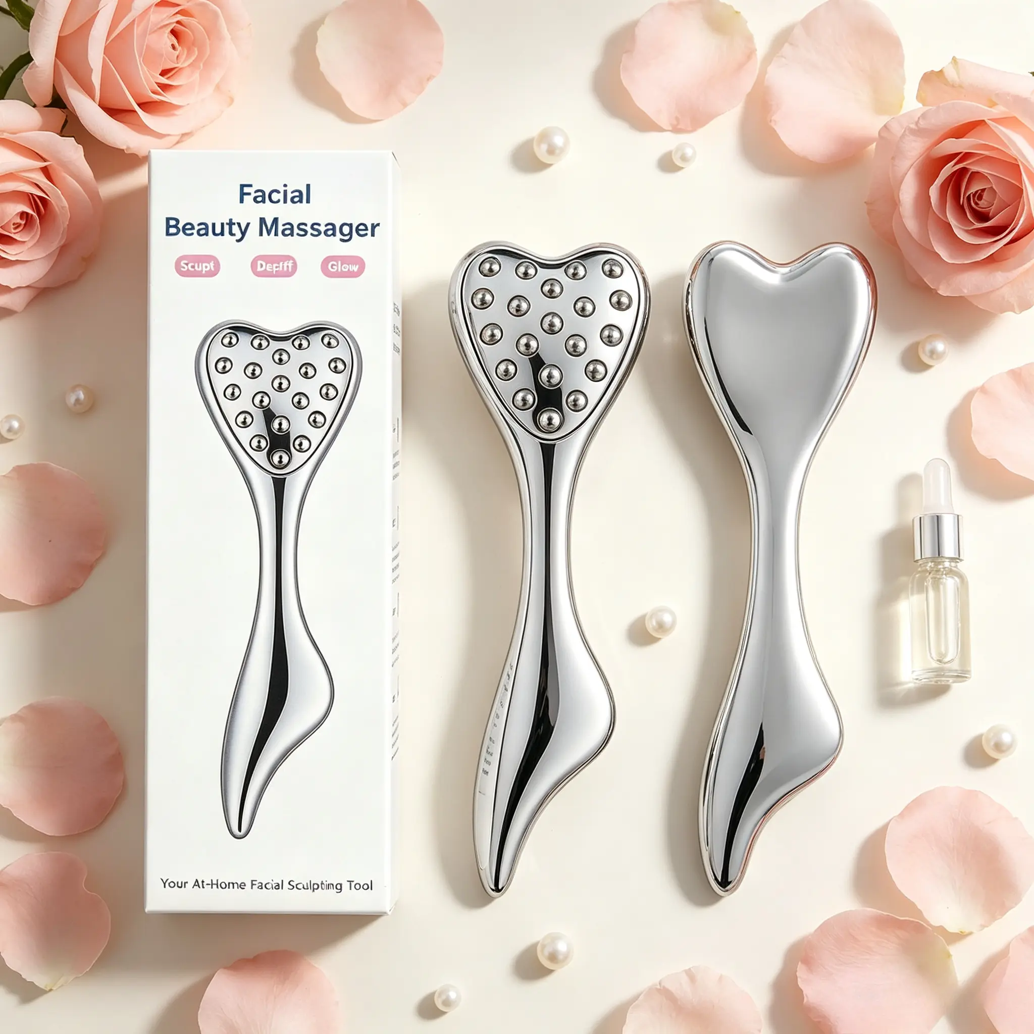 3-in-1 Dolphin Facial Roller plus Stainless Steel Gua Sha 2pcs set. Smooth edge safe for skin, dual care for anti-wrinkle, puffiness and dark circles. Perfect supply for beauty salon and birthday gifts for women.