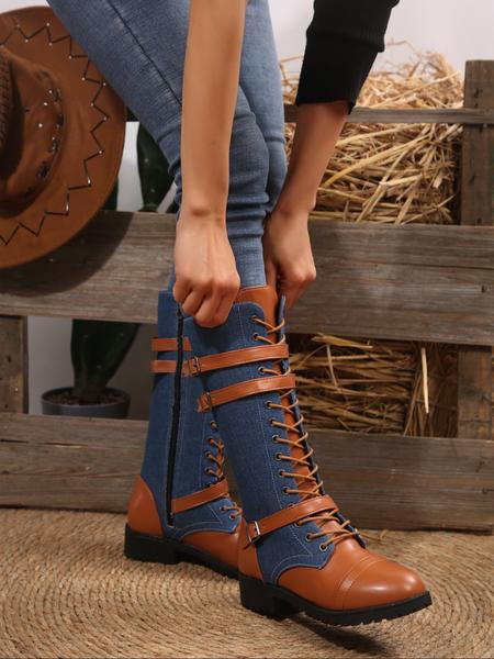 Women's Long Motorcycle Boots, Western Style Round Toe Thick Sole, Durable Comfortable Design, Perfect for Casual Wear
