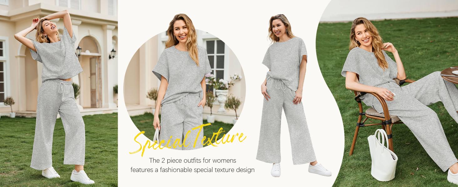 FISOEW Sports 2026 Summer Spring Womens 2 Piece Outfits Sweatsuit Long/Short Sleeve Tops and Drawstring Waist Cropped Wide Leg Pants Loungewear Sets viral  knit Jean Shirt matching sets women Matching Tracksuits Womenswear Soft,