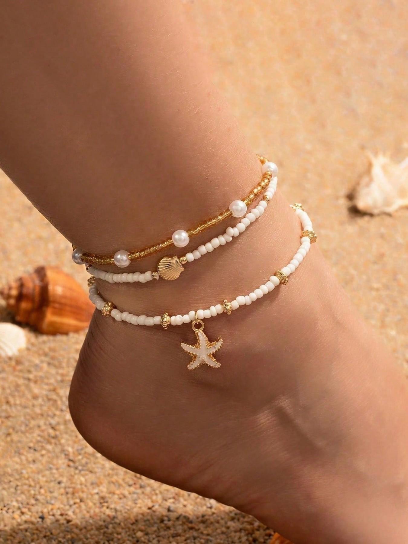 6 Pcs Boho Ocean Style Beaded Imitation Pearl Ccb Metal Star Shell Ankle Bracelet Set, Elastic Fit for Most Ankles, Women's Daily & Festival Wear