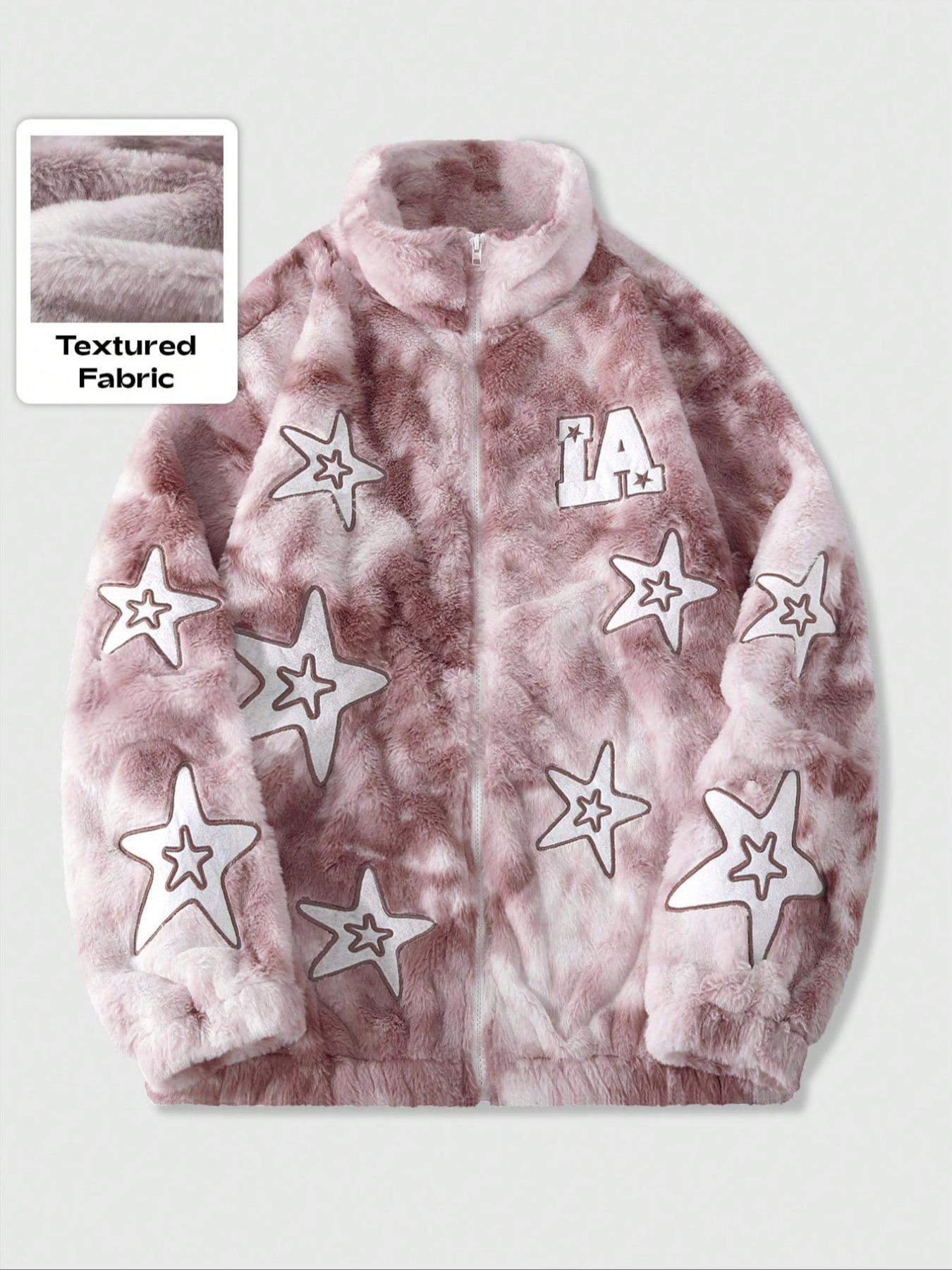 Men’s and women’s versions. Streetwear style: LA letters and pink tie-dye star-shaped appliqué fleece jacket for winter warmth and protection. Suitable for streetwear, trendy outfits, cold weather protection, men’s gifts, campus-inspired styles, casual we