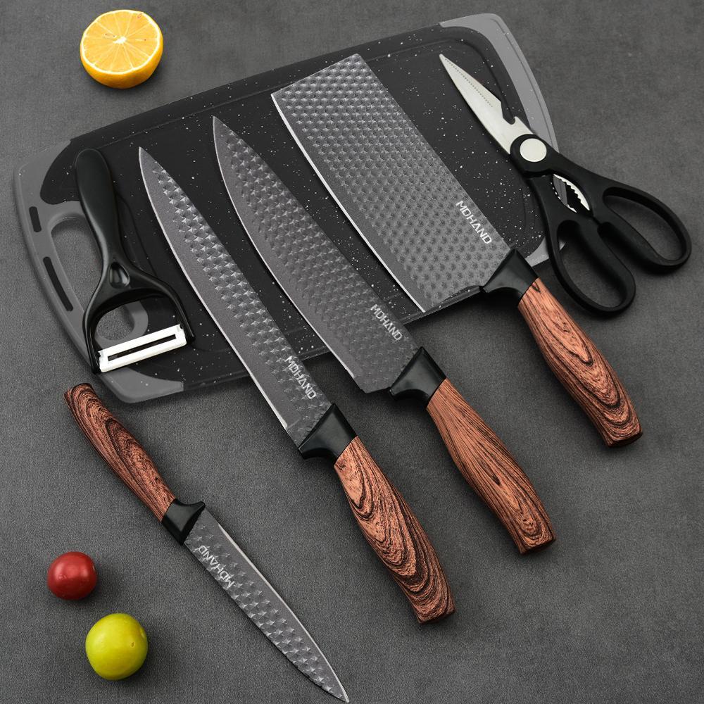 Professional 7pcs Kitchen Knife Set - Chef's Knife, Slicing Knife, Scraper, Scissors and Cutting board - High Carbon Stainless Steel with Ultra-Sharp Blades, Non-Stick Ergonomic Wooden Handles - Ideal for Home, Travel, and Gift Box Set#Summervibes