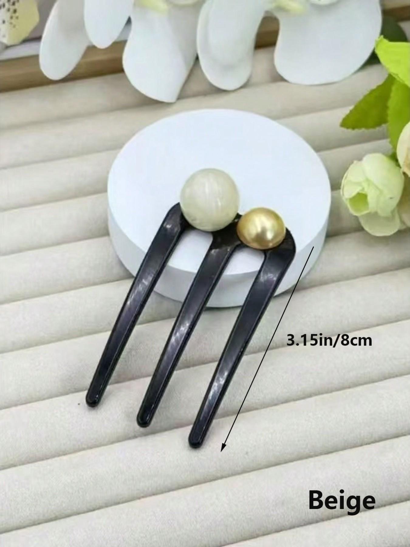 Elegant Three-Tooth Bead U-Shaped Hairpin，Bun Updo Hairpin， Vintage Hair Clips - Black & White with Green Synthetic Gemstonestone Accents, Versatile for Casual & Formal Occasions, All-Season girls Hair Accessories, Hair Accessories, Classic Hairpins,