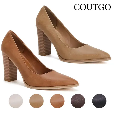 Coutgo Women's PU Leather Pumps - Chic Pointed Toe Chunky Block Heels, Lightweight Slip-On Elegant Heeled Shoes for Dress, Party, Back to School, All-Season Plain Formal Footwear