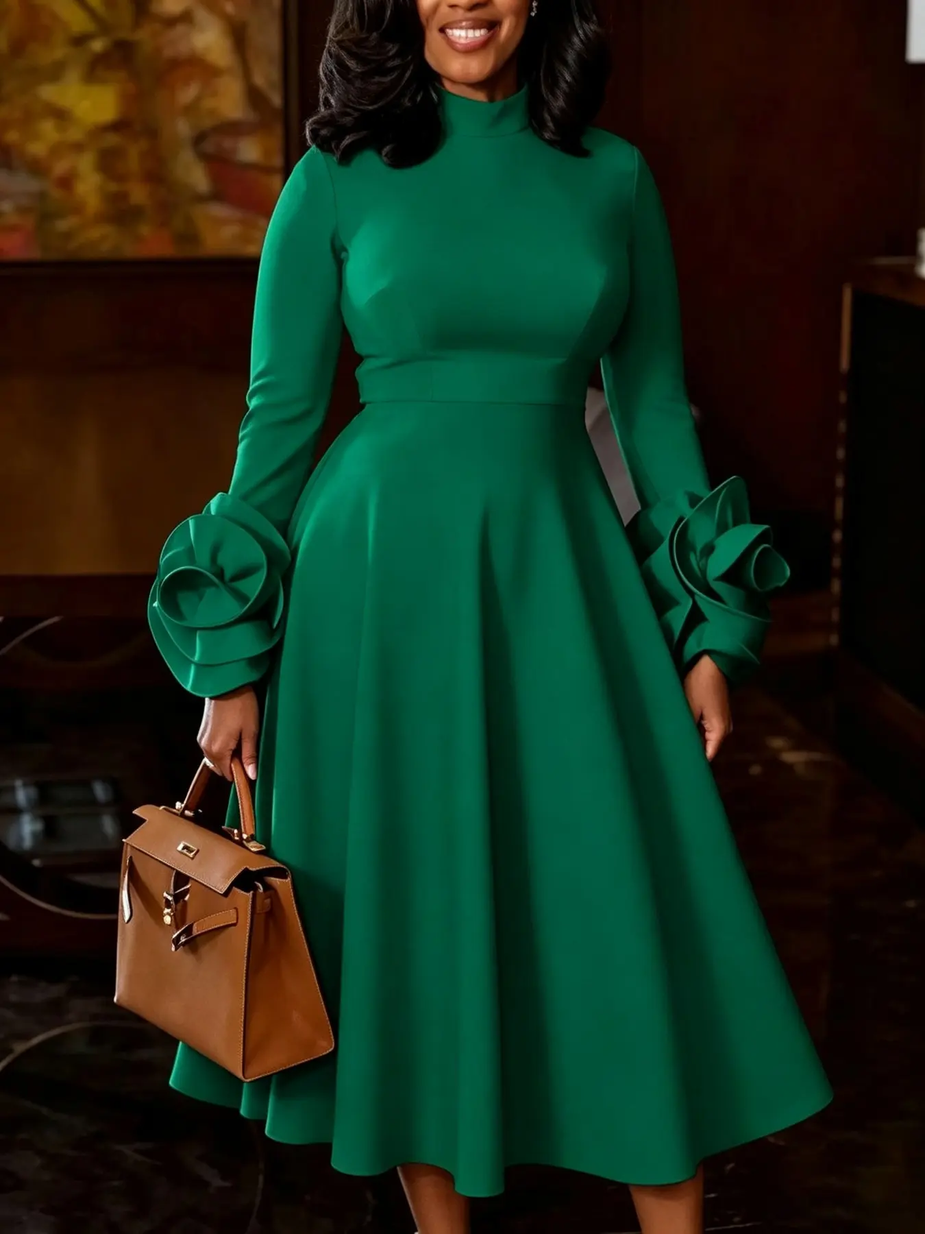 Elegant Chic Women's Church Formal Dress, Dresses to Wear to a Wedding, 3D Flower Sleeves, A-Line Silhouette, Stand Collar, Long Sleeve Midi, Perfect for Weddings and Parties, Elegance