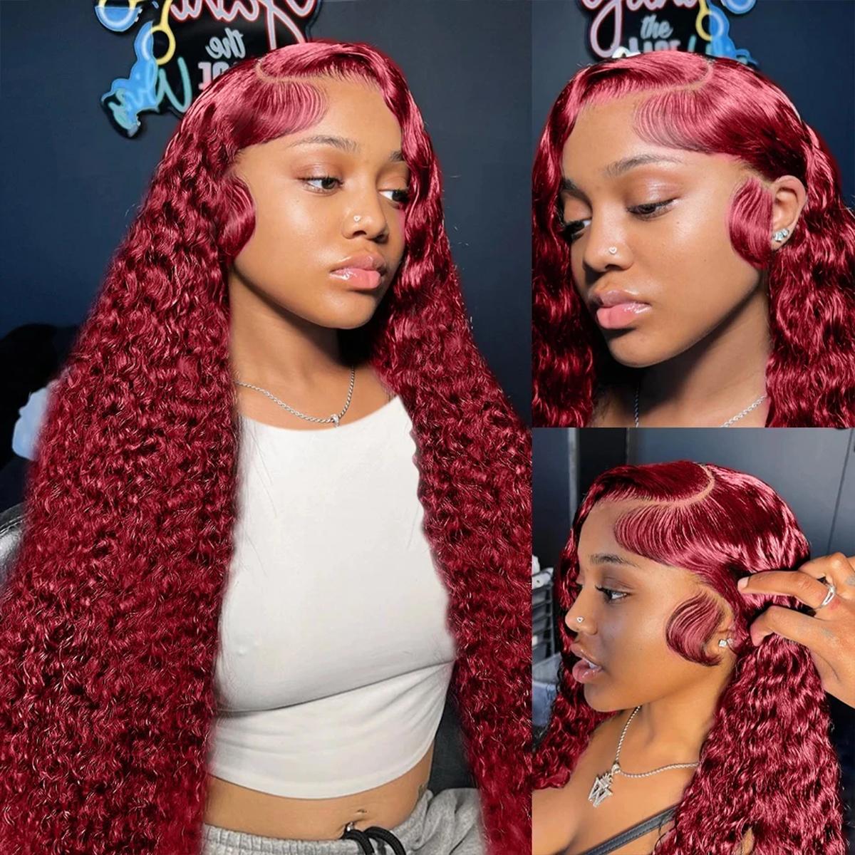 [26‘’Deep Wave=$135] Cheetahbeauty 200% Density 99J Burgundy/Natural Black/Ombre T1B/4/27 Deep Wave Lace Front Wigs Human Hair 13x6 HD Lace Frontal Wigs Human Hair Lace Front Wigs Pre Plucked 99j Burgundy Deep Curly Human Hair For Women