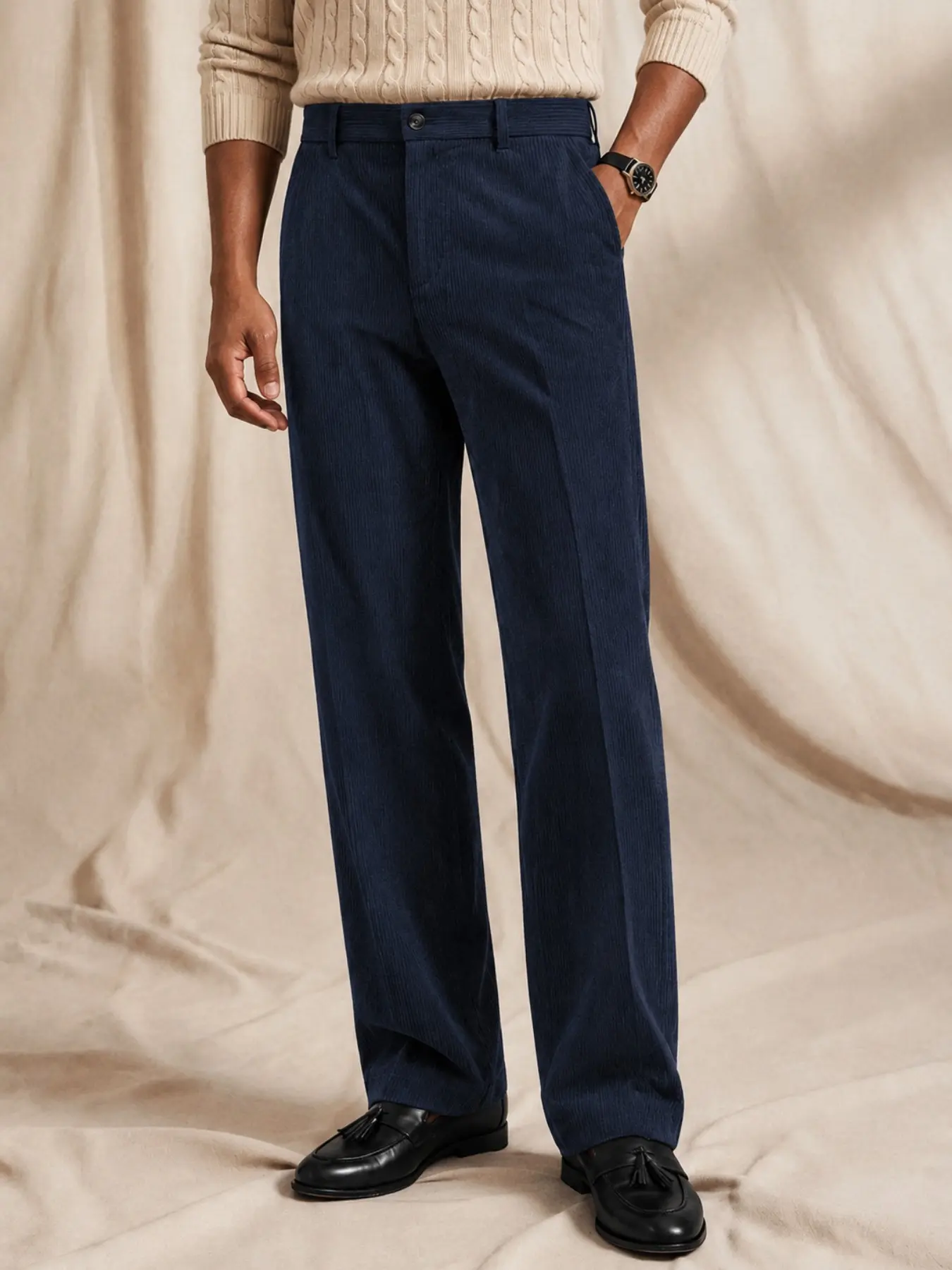 Men's Vintage Classic Corduroy Pants, High Waist Straight Leg, Soft Thick Fabric Suit Pants, Lightweight Business Bottoms for Fall Winter