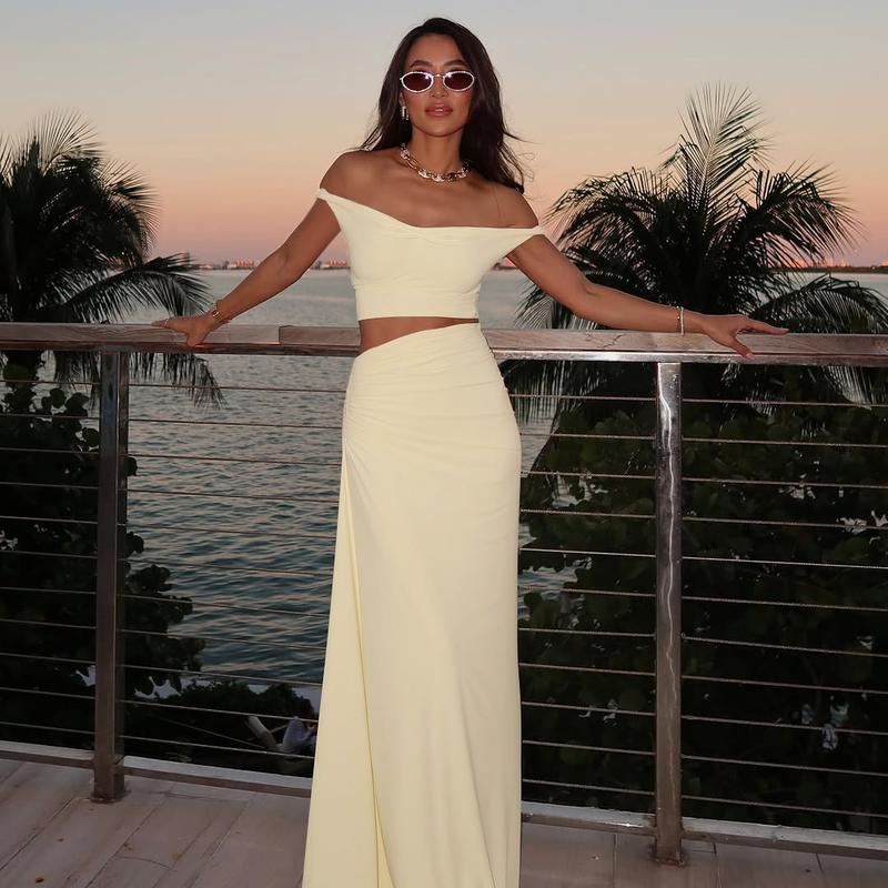 Women's Solid Color Off Shoulder Top & Skirt Two-piece Set, Casual Fashion Cozy Top & Skirt for Daily Outdoor Wear, Ladies Clothes for Summer, Chic Skirt Sets