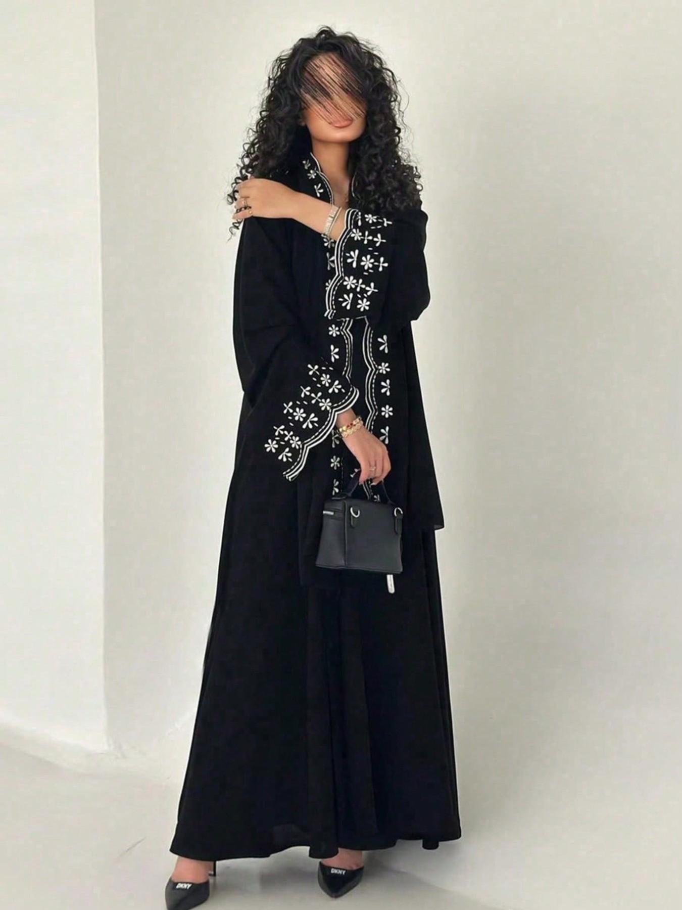 Hafizah New Women's Modest Fashion Embroidered Outerwear Cardigan, Trendy Style Casual Long Dress with Headscarf, All Seasons Oversize Loose Fit Clothes