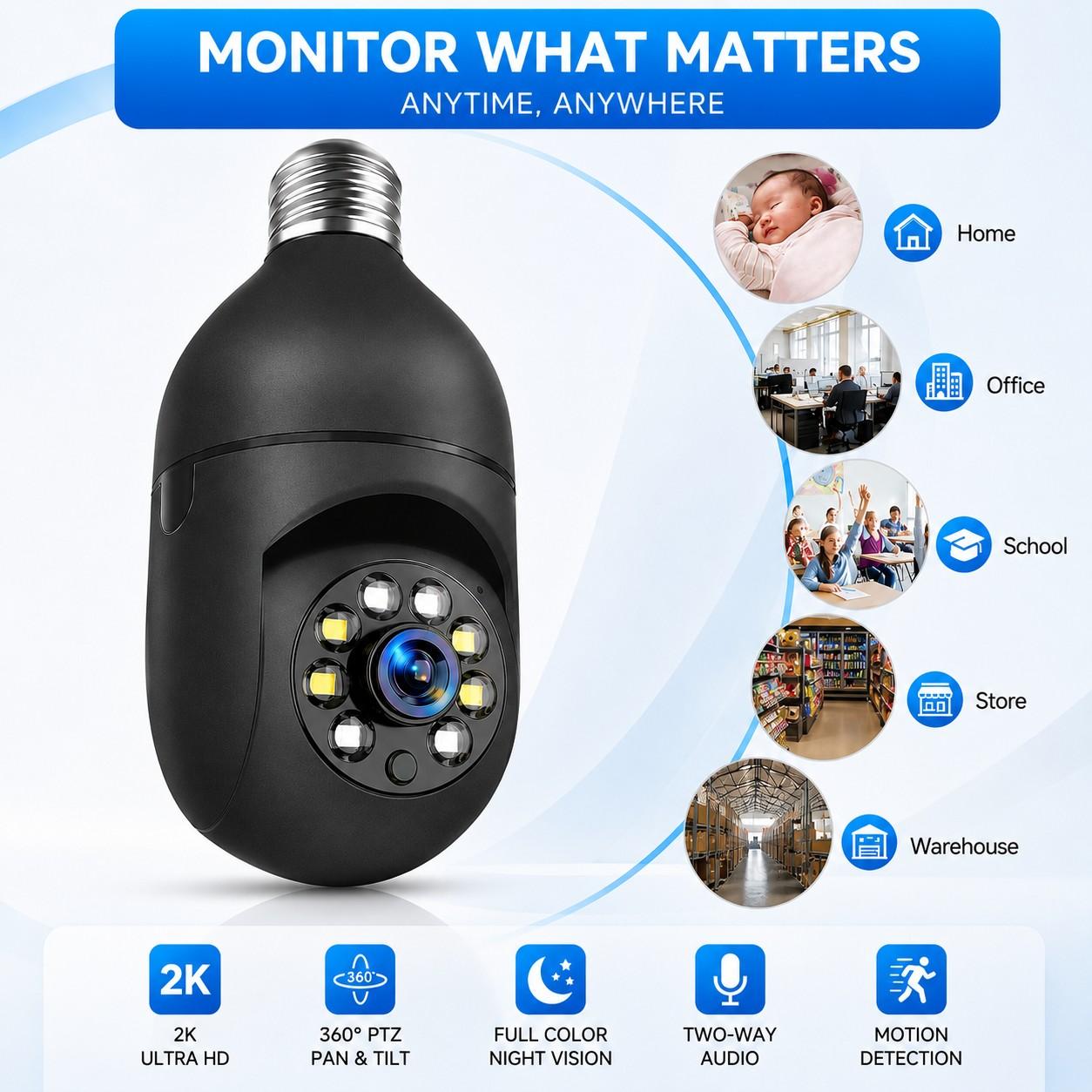 2.4GHz WiFi Security Camera, 2k Wireless Outdoor Motion Detection, Two-Way Audio, Color Night Vision, Human Body Detection, Bulb Camera