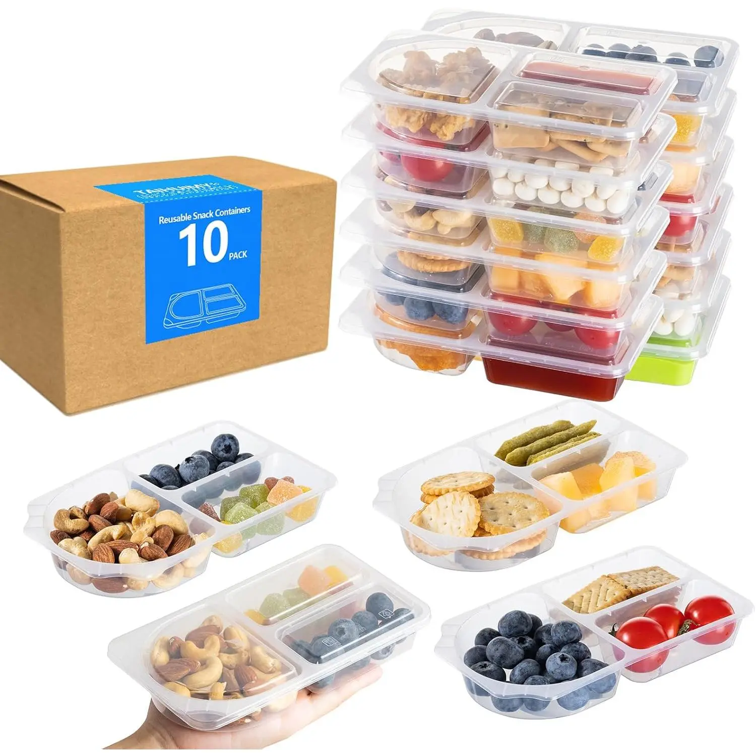 9oz  Snack Containers with  for ,  3 Compartment Large Capacity Condiment Portion Control Meal Prep Containers for School lunch, Go out Travel, Party (10, 9, ounces)