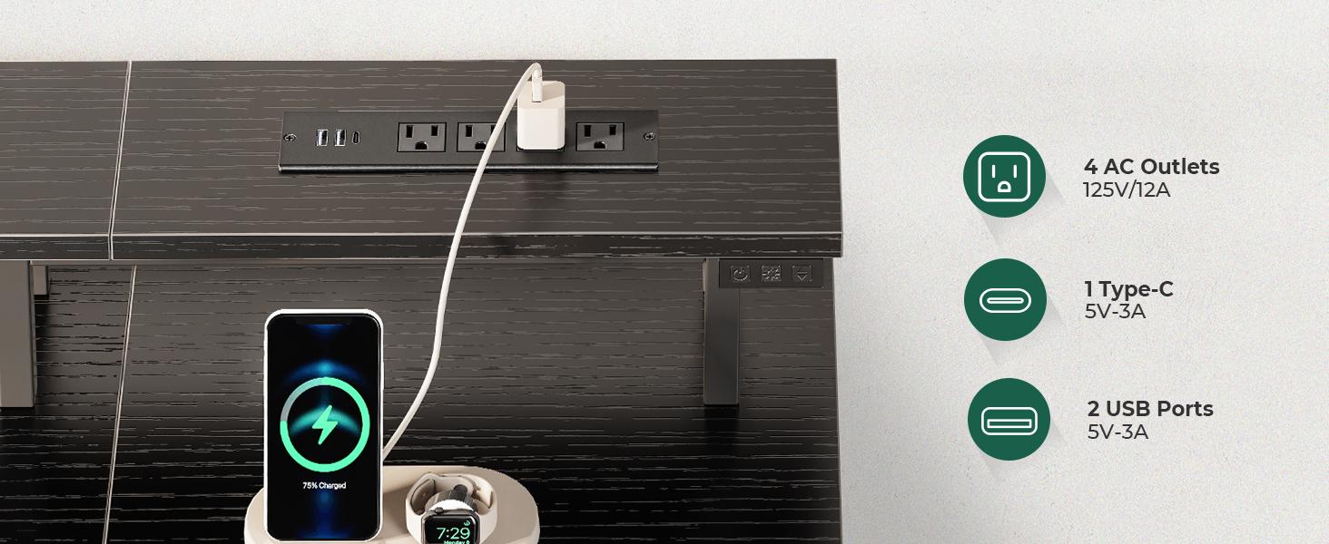 Huuger Computer Desk with Power Outlets and LED Lights, Gaming Desk with 4 Drawers, Office Desk with Monitor Stand, USB-C Port