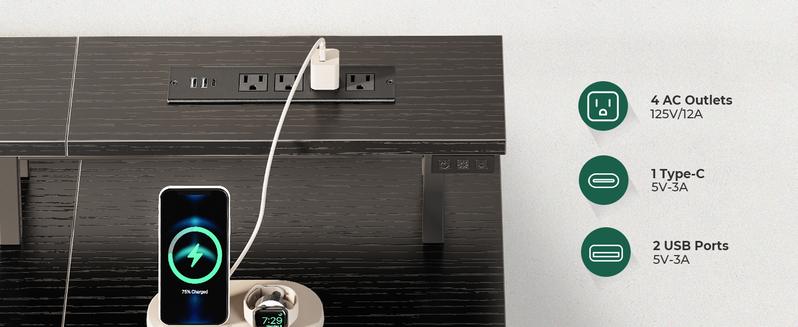 Huuger Computer Desk with Power Outlets and LED Lights, Gaming Desk with 4 Drawers, Office Desk with Monitor Stand, USB-C Port