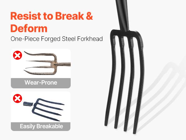 VEVOR Garden Fork, 4-Tine Gardening Pitchfork with Fiberglass Handle, 45 in Heavy Duty Digging Fork with Y Grip, Forged Steel Spading Fork for Hay Potato Composting Transplanting Aeration