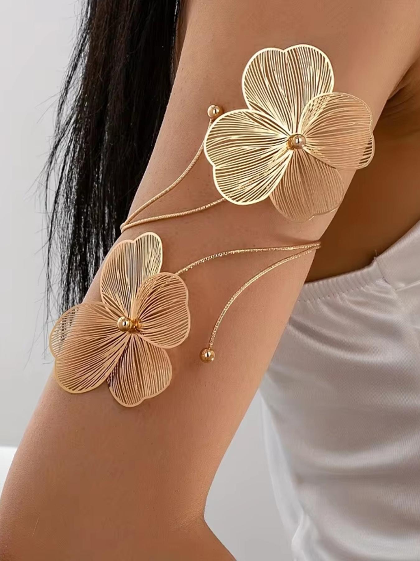 Gold Openwork Floral Bracelet — Women's Upper Arm Cuff | Personalized, Stylish Accessory & Gift for Festivals and Parties | Gold Bohemian-Style Jewelry