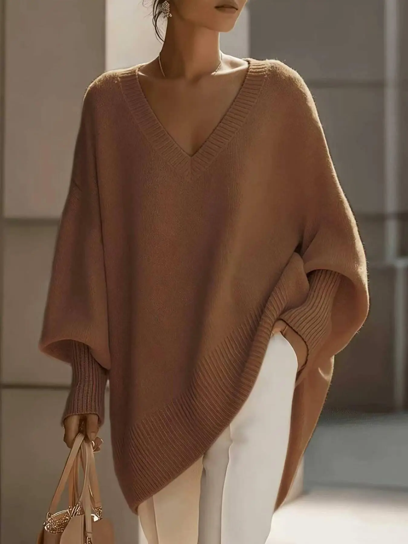 Plus Size Knit Sweater, Loose Fit V Neck Batwing Long Sleeve, Casual Pullover Top, Comfortable and Stylish, Perfect for Daily Wear
