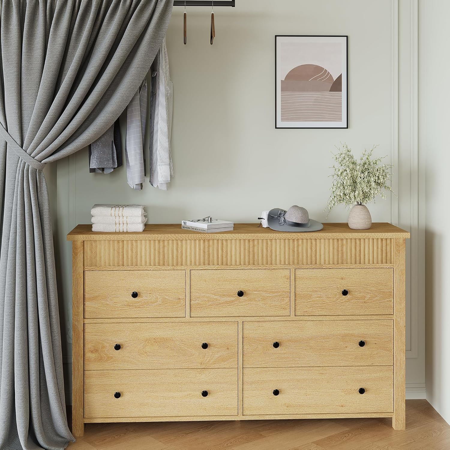 7-Drawer Dresser for Bedroom, Wooden Chest of Drawers, Fluted TV Stand, Storage Organizer for Living Room, Hallway and Entryway, Natural Oak