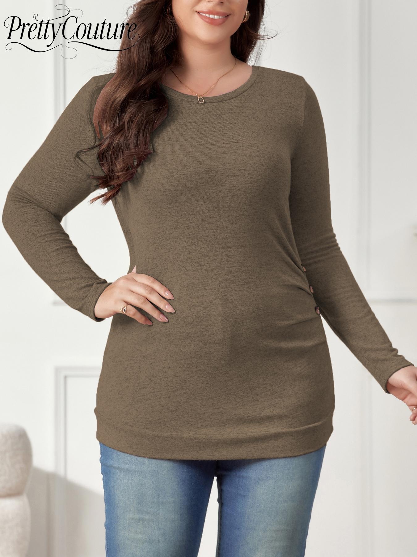 【Plus Size】1 Plus-Size Crew-Neck T-Shirt, High Elasticity, Casual and Easygoing Style, Side Button Decorations Add Details, Long Sleeves & Slim Fit, Suitable for Plus-Size Women’s Daily Outings and Relaxed Office Scenarios, Basic Top