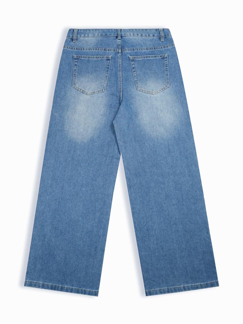 Men's Loose Washed Blue Denim Jeans, Casual Simple Fashionable Wide Leg Design, All Seasons Wear Comfortable Fit