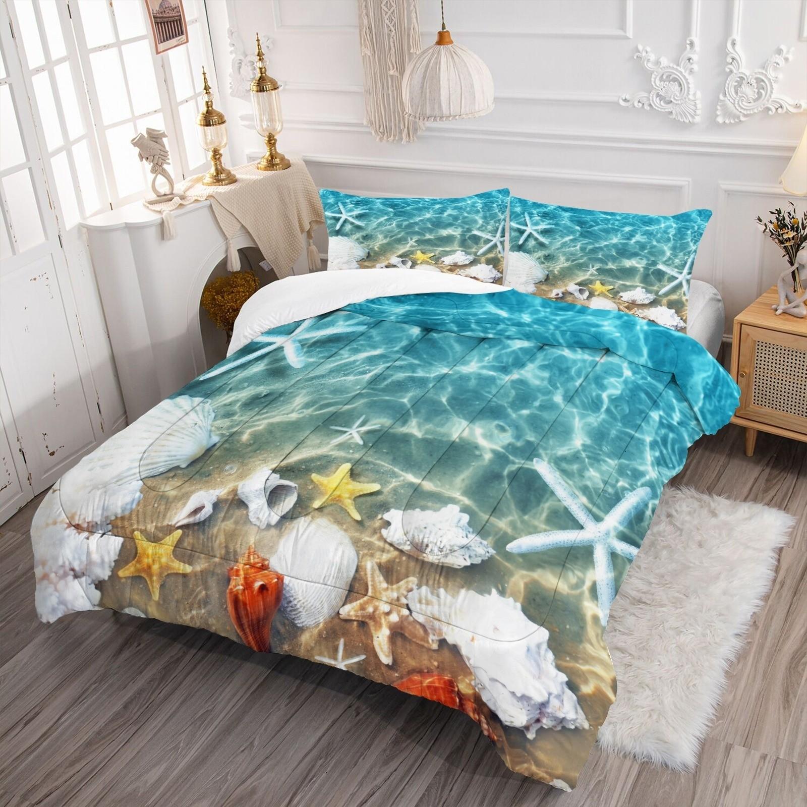 3pcs Bedding Set with Quilt and Pillowcase, Starfish and Shell Print, Comfortable and Breathable, Suitable for Adults, Teens, Kids
