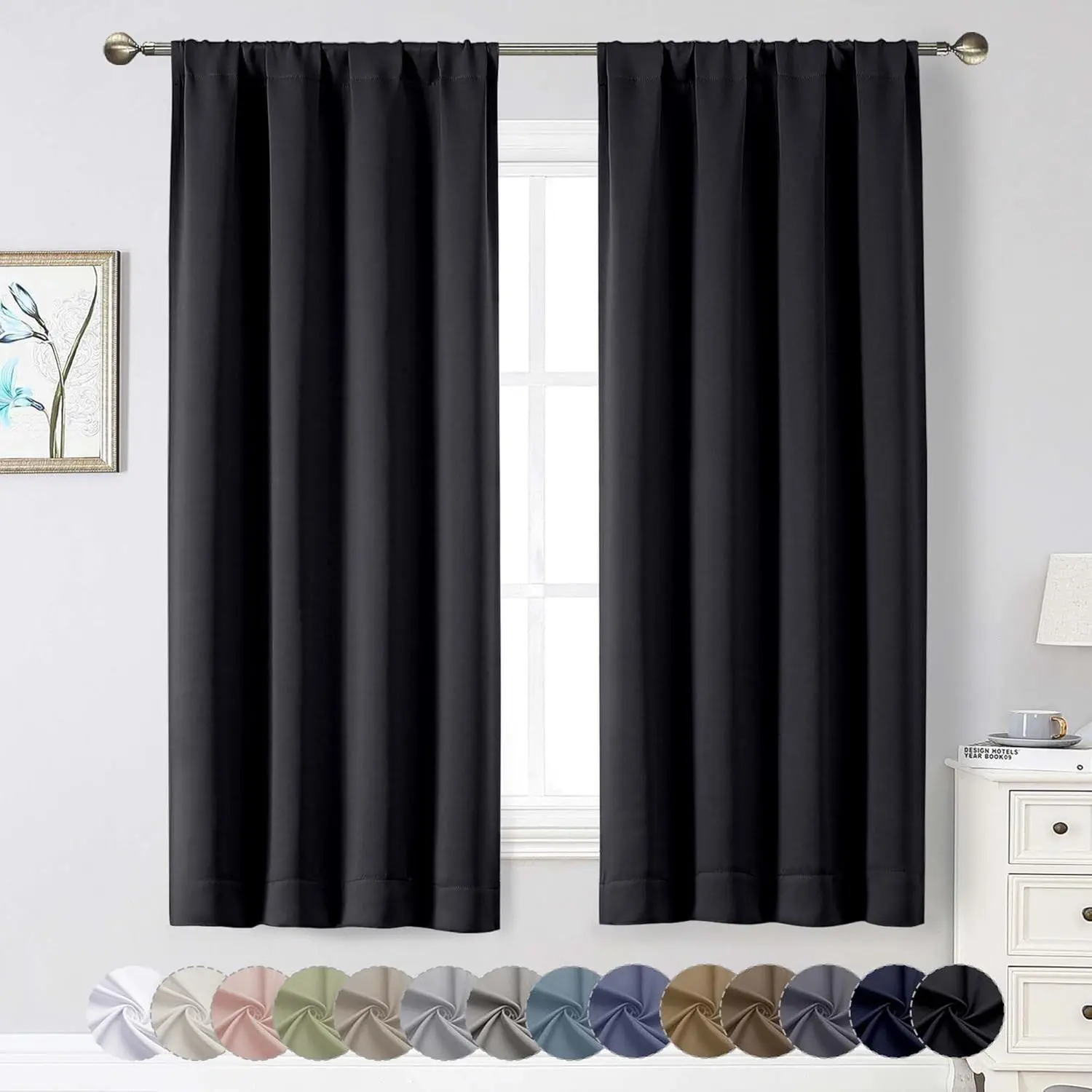 Soft Fabric Blackout Curtains 2-Panel Set, 40"Wx63"L Rod Pocket Curtains, Thermal Insulated Room Darkening Drapes for Bedroom, Living Room