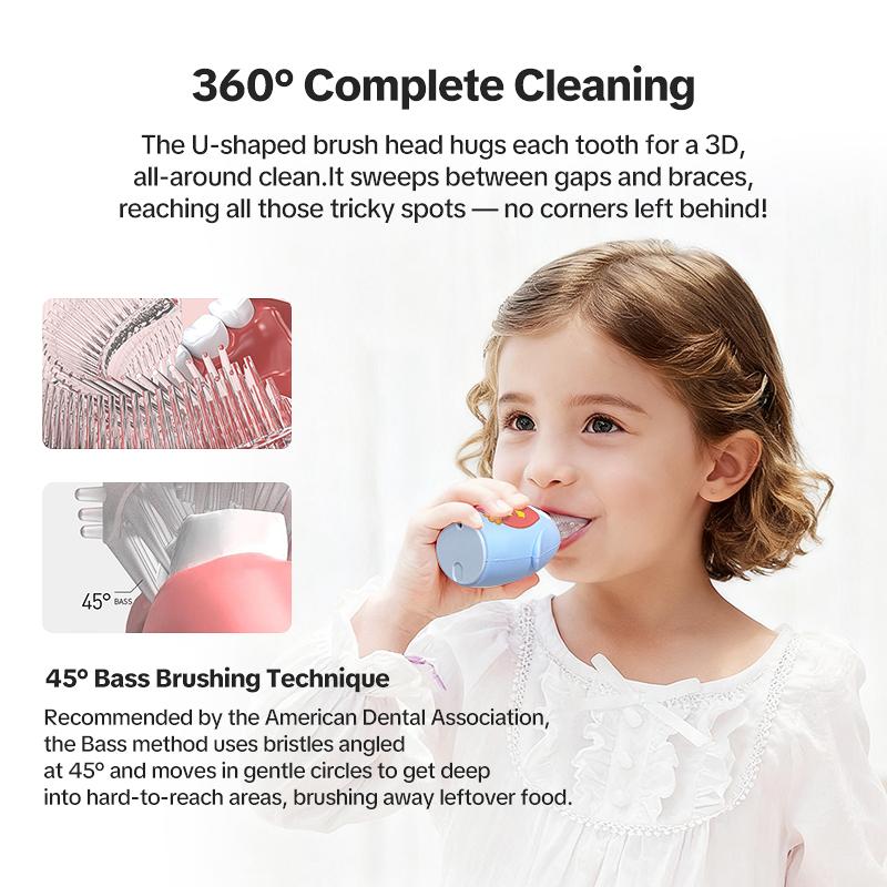 Rechargeable Kids Electric Toothbrush, Blue Owl U-Shaped Brush for Toddlers (Ages 2-6), 3 Modes & Smart Timer Silicone Daily